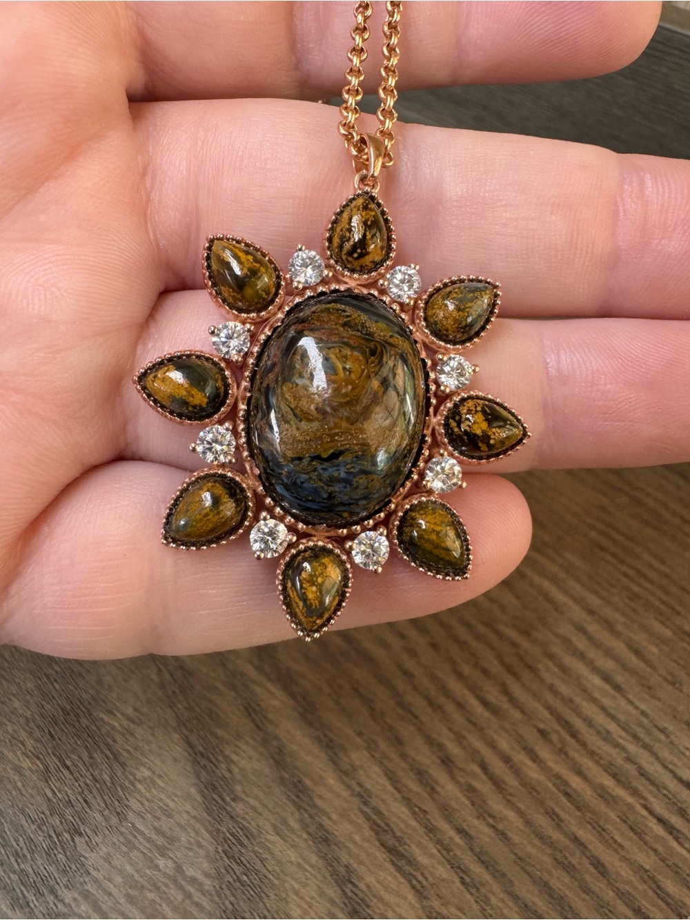 NEW Hespera Rose Gold Sunburst Necklace Pietersite Brown & Blue